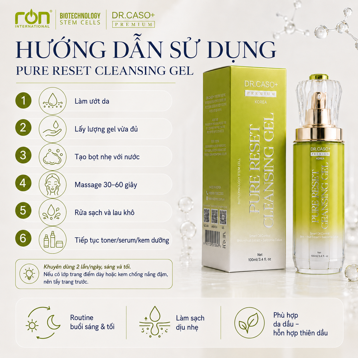 DR.CASO+ PREMIUM PURE RESET CLEANSING GEL/Gel Làm Sạch Dịu Nhẹ BHA &amp; Chiết Xuất Thiên Nhiên Cho Da Dầu – Hỗn Hợp